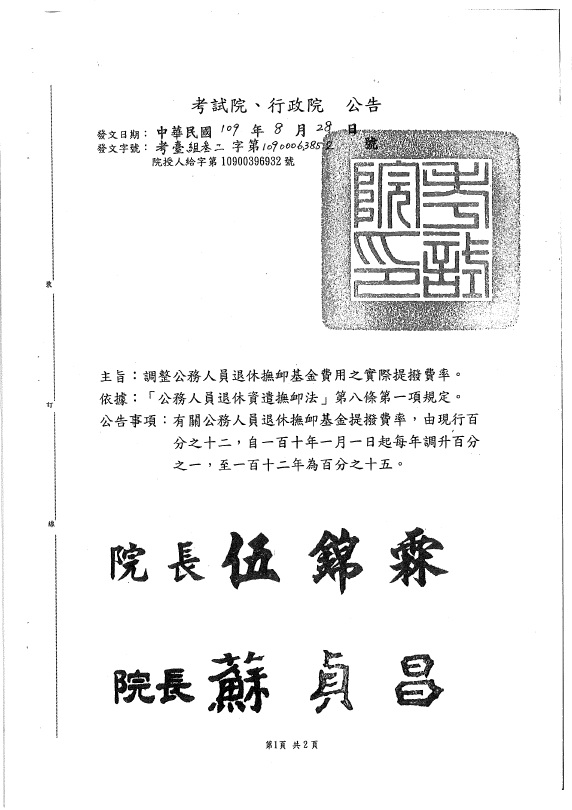 公務人員退休撫卹基金提撥費率自民國110年1月1日起每年調升1%